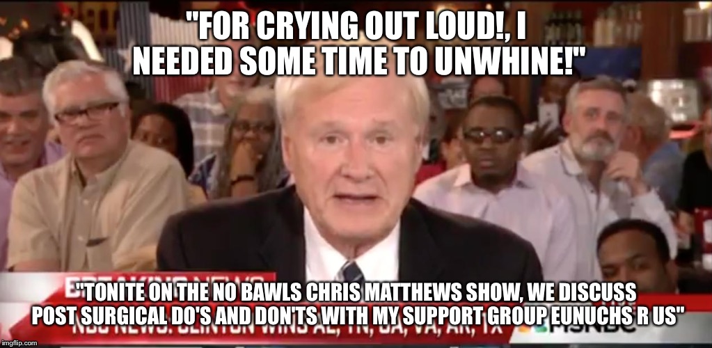 Let's play "I wanna be relevant" | "FOR CRYING OUT LOUD!, I NEEDED SOME TIME TO UNWHINE!"; "TONITE ON THE NO BAWLS CHRIS MATTHEWS SHOW,
WE DISCUSS POST SURGICAL DO'S AND DON'TS WITH MY SUPPORT GROUP EUNUCHS R US" | image tagged in msnbc | made w/ Imgflip meme maker