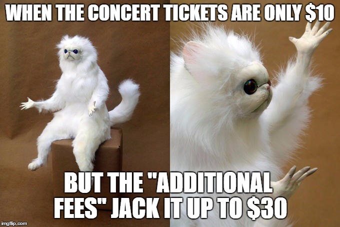 Persian Cat Room Guardian Meme | WHEN THE CONCERT TICKETS ARE ONLY $10; BUT THE "ADDITIONAL FEES" JACK IT UP TO $30 | image tagged in persian cat room guardian | made w/ Imgflip meme maker