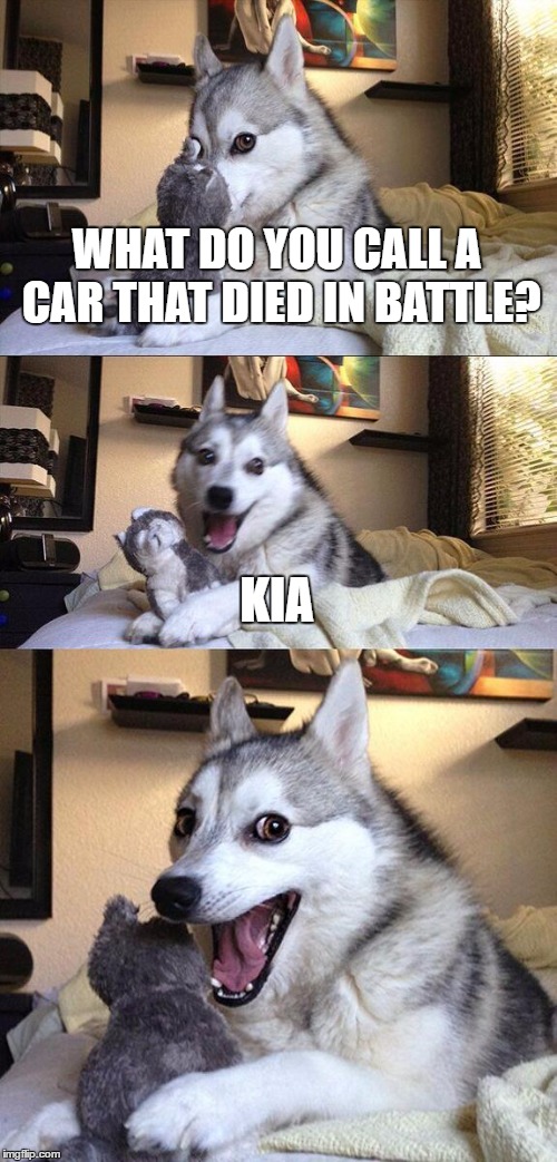 Bad Pun Dog | WHAT DO YOU CALL A CAR THAT DIED IN BATTLE? KIA | image tagged in memes,bad pun dog | made w/ Imgflip meme maker