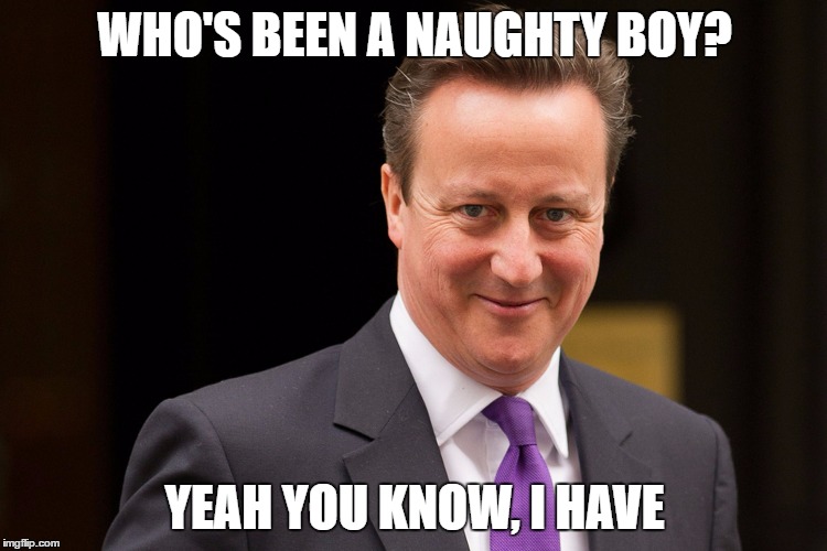 naughty | WHO'S BEEN A NAUGHTY BOY? YEAH YOU KNOW, I HAVE | image tagged in david cameron | made w/ Imgflip meme maker