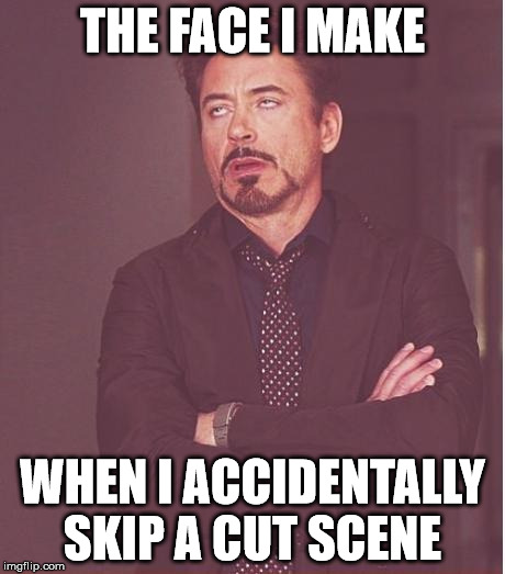 I hate it when I do this. | THE FACE I MAKE; WHEN I ACCIDENTALLY SKIP A CUT SCENE | image tagged in memes,face you make robert downey jr | made w/ Imgflip meme maker