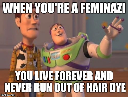 X, X Everywhere Meme | WHEN YOU'RE A FEMINAZI YOU LIVE FOREVER AND NEVER RUN OUT OF HAIR DYE | image tagged in memes,x x everywhere | made w/ Imgflip meme maker