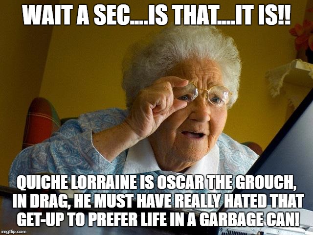 Grandma Finds The Internet Meme | WAIT A SEC....IS THAT....IT IS!! QUICHE LORRAINE IS OSCAR THE GROUCH, IN DRAG, HE MUST HAVE REALLY HATED THAT GET-UP TO PREFER LIFE IN A GAR | image tagged in memes,grandma finds the internet | made w/ Imgflip meme maker