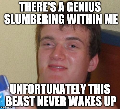 10 Guy Meme | THERE'S A GENIUS SLUMBERING WITHIN ME; UNFORTUNATELY THIS BEAST NEVER WAKES UP | image tagged in memes,10 guy | made w/ Imgflip meme maker