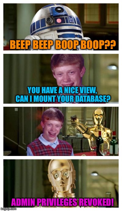 Futuristic Bad Luck Brian Pick Up Lines | BEEP BEEP BOOP BOOP?? YOU HAVE A NICE VIEW, CAN I MOUNT YOUR DATABASE? ADMIN PRIVILEGES REVOKED! | image tagged in futuristic bad luck brian pick up lines,memes | made w/ Imgflip meme maker