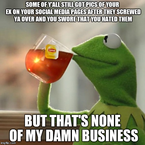 But That's None Of My Business | SOME OF Y'ALL STILL GOT PICS OF YOUR EX ON YOUR SOCIAL MEDIA PAGES AFTER THEY SCREWED YA OVER AND YOU SWORE THAT YOU HATED THEM; BUT THAT'S NONE OF MY DAMN BUSINESS | image tagged in memes,but thats none of my business,kermit the frog | made w/ Imgflip meme maker