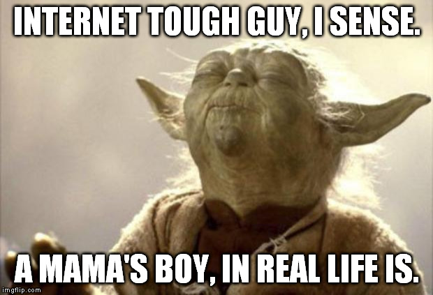 Internet tough guy |  INTERNET TOUGH GUY, I SENSE. A MAMA'S BOY, IN REAL LIFE IS. | image tagged in in 2013 yoda be like,internet tough guy,mama's boy | made w/ Imgflip meme maker
