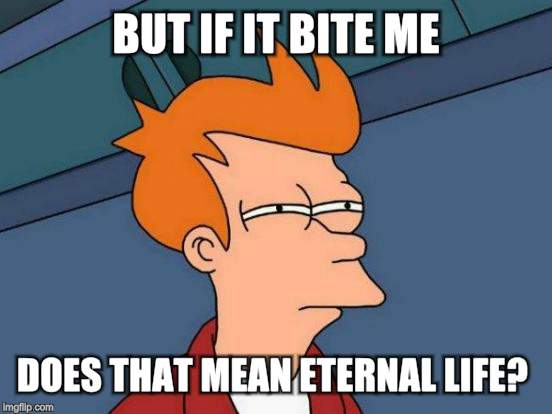 Futurama Fry Meme | BUT IF IT BITE ME DOES THAT MEAN ETERNAL LIFE? | image tagged in memes,futurama fry | made w/ Imgflip meme maker