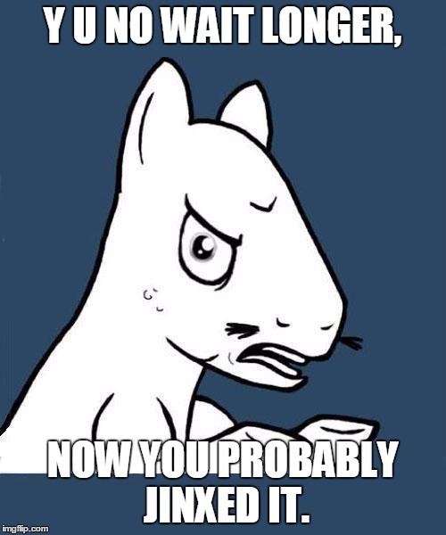 Y U No Pony | Y U NO WAIT LONGER, NOW YOU PROBABLY JINXED IT. | image tagged in y u no pony | made w/ Imgflip meme maker