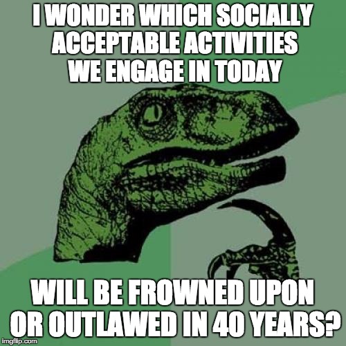 Philosoraptor Meme | I WONDER WHICH SOCIALLY ACCEPTABLE ACTIVITIES WE ENGAGE IN TODAY; WILL BE FROWNED UPON OR OUTLAWED IN 40 YEARS? | image tagged in memes,philosoraptor | made w/ Imgflip meme maker