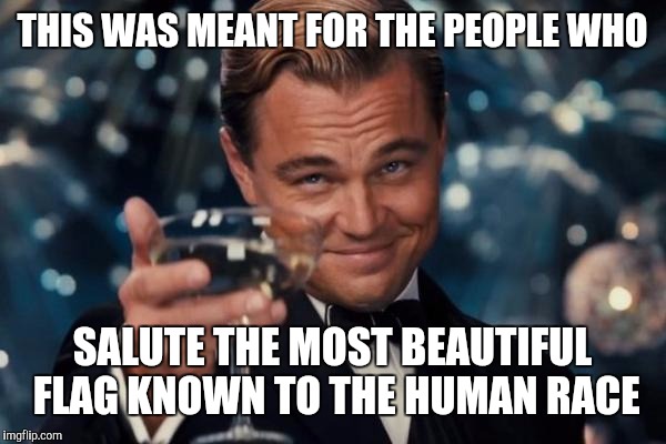Leonardo Dicaprio Cheers Meme | THIS WAS MEANT FOR THE PEOPLE WHO SALUTE THE MOST BEAUTIFUL FLAG KNOWN TO THE HUMAN RACE | image tagged in memes,leonardo dicaprio cheers | made w/ Imgflip meme maker