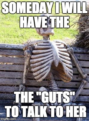 When Will The Day Come? | SOMEDAY I WILL HAVE THE; THE "GUTS" TO TALK TO HER | image tagged in memes,waiting skeleton | made w/ Imgflip meme maker