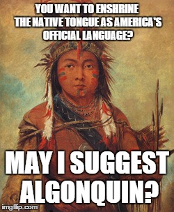 Official Language? | YOU WANT TO ENSHRINE THE NATIVE TONGUE AS AMERICA'S OFFICIAL LANGUAGE? MAY I SUGGEST ALGONQUIN? | image tagged in conservatives,racist,america,indians,language | made w/ Imgflip meme maker