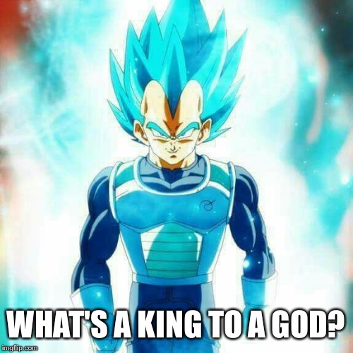 SSGSS Vegta | WHAT'S A KING TO A GOD? | image tagged in dragon ball z,super saiyan god,vegeta | made w/ Imgflip meme maker