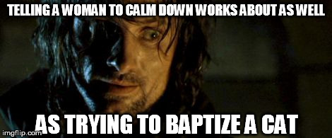 Aragorn would know | TELLING A WOMAN TO CALM DOWN WORKS ABOUT AS WELL; AS TRYING TO BAPTIZE A CAT | image tagged in aragorn - not nearly frightened enough,women | made w/ Imgflip meme maker