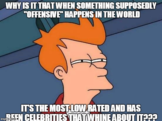 Futurama Fry Meme | WHY IS IT THAT WHEN SOMETHING SUPPOSEDLY "OFFENSIVE" HAPPENS IN THE WORLD; IT'S THE MOST LOW RATED AND HAS BEEN CELEBRITIES THAT WHINE ABOUT IT??? | image tagged in memes,futurama fry | made w/ Imgflip meme maker