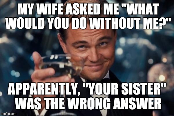 Leonardo Dicaprio Cheers Meme | MY WIFE ASKED ME "WHAT WOULD YOU DO WITHOUT ME?"; APPARENTLY, "YOUR SISTER" WAS THE WRONG ANSWER | image tagged in memes,leonardo dicaprio cheers | made w/ Imgflip meme maker