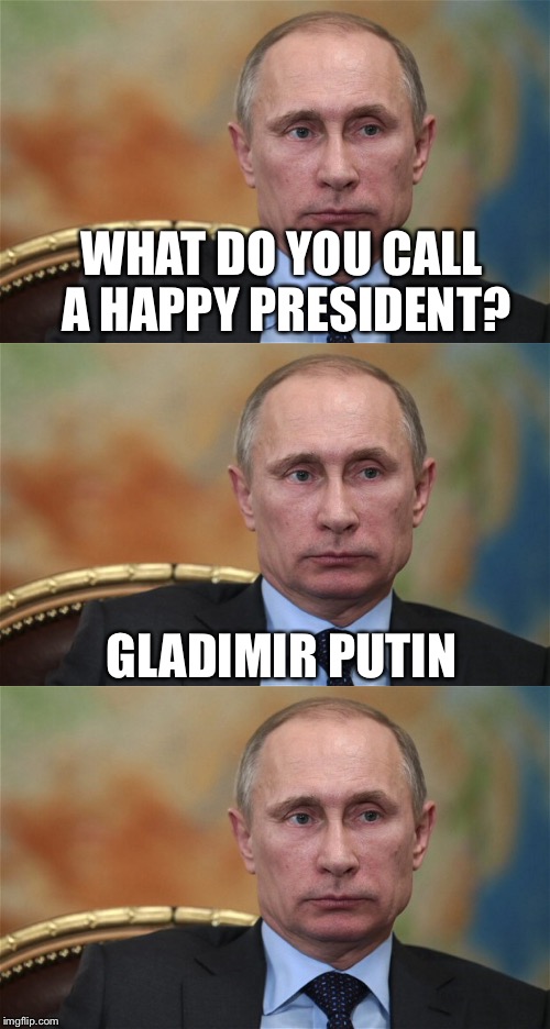 Bad pun Putin | WHAT DO YOU CALL A HAPPY PRESIDENT? GLADIMIR PUTIN | image tagged in vladimir putin,bad pun dog,bad pun anna kendrick,bad pun | made w/ Imgflip meme maker