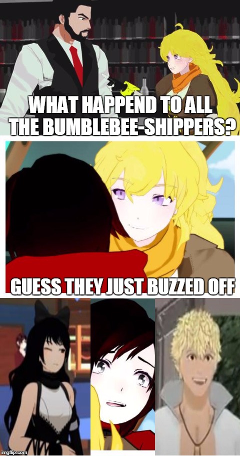 Disclaimer: im not trying to replace anything, this template is for Rwby-Puns only | WHAT HAPPEND TO ALL THE BUMBLEBEE-SHIPPERS? GUESS THEY JUST BUZZED OFF | image tagged in memes,rwby,bad pun | made w/ Imgflip meme maker