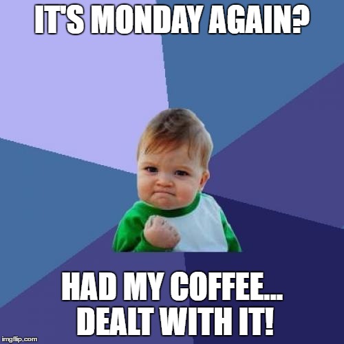 Success Kid | IT'S MONDAY AGAIN? HAD MY COFFEE... DEALT WITH IT! | image tagged in memes,success kid | made w/ Imgflip meme maker