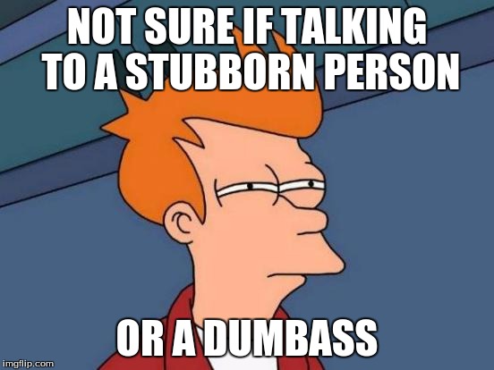 Futurama Fry Meme | NOT SURE IF TALKING TO A STUBBORN PERSON OR A DUMBASS | image tagged in memes,futurama fry | made w/ Imgflip meme maker