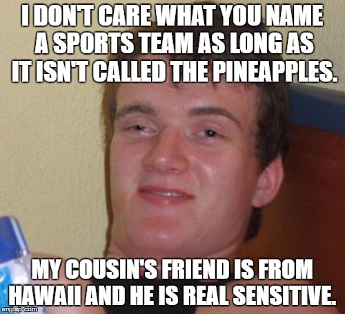 10 Guy | I DON'T CARE WHAT YOU NAME A SPORTS TEAM AS LONG AS IT ISN'T CALLED THE PINEAPPLES. MY COUSIN'S FRIEND IS FROM HAWAII AND HE IS REAL SENSITIVE. | image tagged in memes,10 guy | made w/ Imgflip meme maker