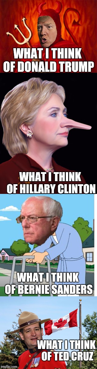 What I think of the people running for president | WHAT I THINK OF DONALD TRUMP; WHAT I THINK OF HILLARY CLINTON; WHAT I THINK OF BERNIE SANDERS; WHAT I THINK OF TED CRUZ | image tagged in memes,ted cruz,donald trump,bernie sanders,hillary clinton,political | made w/ Imgflip meme maker