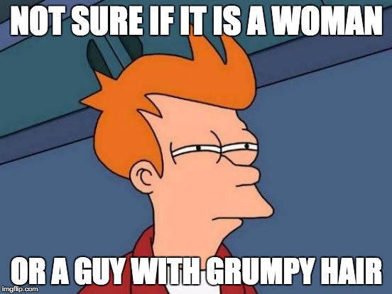 Futurama Fry | NOT SURE IF IT IS A WOMAN; OR A GUY WITH GRUMPY HAIR | image tagged in memes,futurama fry | made w/ Imgflip meme maker