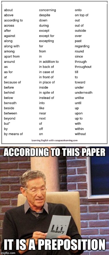 ACCORDING TO THIS PAPER IT IS A PREPOSITION | made w/ Imgflip meme maker