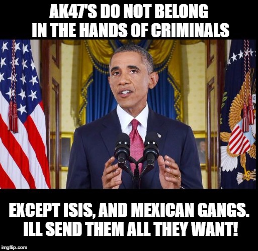 Obama speech bars | AK47'S DO NOT BELONG IN THE HANDS OF CRIMINALS; EXCEPT ISIS, AND MEXICAN GANGS. ILL SEND THEM ALL THEY WANT! | image tagged in guns,gun control,obama,isis,terrorism,drug cartels,progun | made w/ Imgflip meme maker