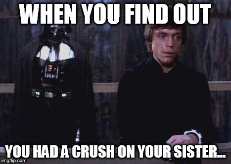 Darth Vader Luke Skywalker | WHEN YOU FIND OUT; YOU HAD A CRUSH ON YOUR SISTER... | image tagged in darth vader luke skywalker | made w/ Imgflip meme maker