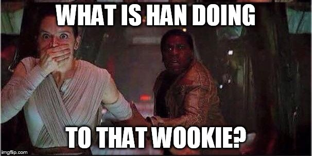 finn and rey star wars | WHAT IS HAN DOING; TO THAT WOOKIE? | image tagged in finn and rey star wars | made w/ Imgflip meme maker