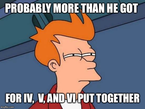 Futurama Fry Meme | PROBABLY MORE THAN HE GOT FOR IV,  V, AND VI PUT TOGETHER | image tagged in memes,futurama fry | made w/ Imgflip meme maker