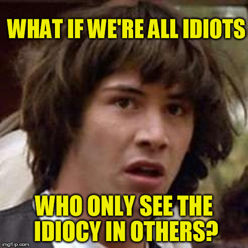 Conspiracy Keanu Meme | WHAT IF WE'RE ALL IDIOTS WHO ONLY SEE THE IDIOCY IN OTHERS? | image tagged in memes,conspiracy keanu | made w/ Imgflip meme maker
