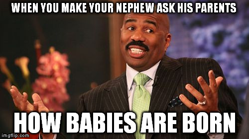 WHEN YOU MAKE YOUR NEPHEW ASK HIS PARENTS; HOW BABIES ARE BORN | image tagged in memes,steve harvey | made w/ Imgflip meme maker