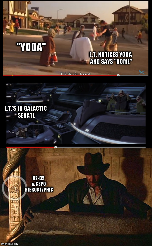 E.T./Star Wars/Raiders linkaka "ET/Raiders of the lost Ark 2 degrees of separation"  | "YODA"; E.T. NOTICES YODA AND SAYS "HOME"; E.T.'S IN GALACTIC SENATE; R2-D2 & C3PO HIEROGLYPHIC | image tagged in et,raiders,star wars,yoda,memes,funny | made w/ Imgflip meme maker