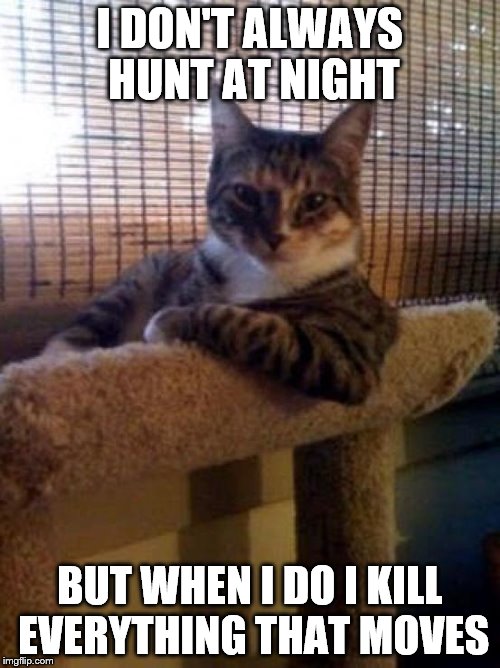 The Most Interesting Cat In The World | I DON'T ALWAYS HUNT AT NIGHT; BUT WHEN I DO I KILL EVERYTHING THAT MOVES | image tagged in memes,the most interesting cat in the world | made w/ Imgflip meme maker