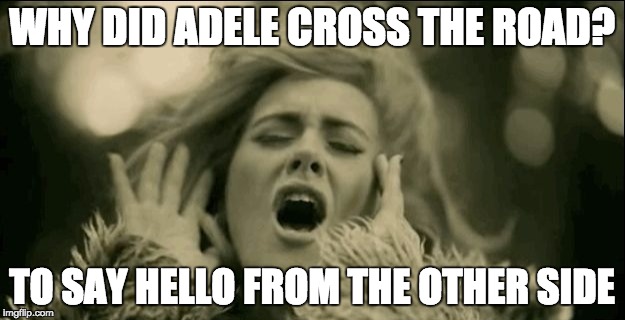 Adele |  WHY DID ADELE CROSS THE ROAD? TO SAY HELLO FROM THE OTHER SIDE | image tagged in adele | made w/ Imgflip meme maker