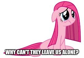 Pinkie Pie very sad | WHY CAN'T THEY LEAVE US ALONE? | image tagged in pinkie pie very sad | made w/ Imgflip meme maker