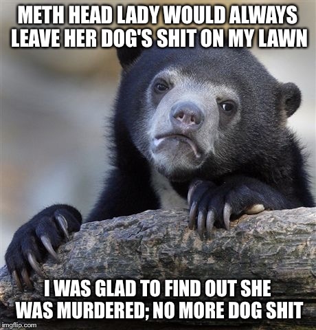Confession Bear | METH HEAD LADY WOULD ALWAYS LEAVE HER DOG'S SHIT ON MY LAWN; I WAS GLAD TO FIND OUT SHE WAS MURDERED; NO MORE DOG SHIT | image tagged in memes,confession bear,AdviceAnimals | made w/ Imgflip meme maker
