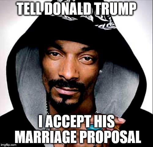 dogg X trump | TELL DONALD TRUMP; I ACCEPT HIS MARRIAGE PROPOSAL | image tagged in snoop dogg,donald trump,dogg,trump | made w/ Imgflip meme maker