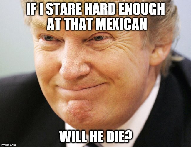 IF I STARE HARD ENOUGH AT THAT MEXICAN; WILL HE DIE? | image tagged in donald trump,election 2016 | made w/ Imgflip meme maker