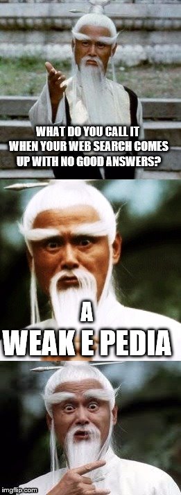 Bad Pun Chinese Man | WHAT DO YOU CALL IT WHEN YOUR WEB SEARCH COMES UP WITH NO GOOD ANSWERS? A; WEAK E PEDIA | image tagged in bad pun chinese man | made w/ Imgflip meme maker