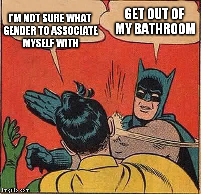 Batman Slapping Robin Meme | I'M NOT SURE WHAT GENDER TO ASSOCIATE MYSELF WITH GET OUT OF MY BATHROOM | image tagged in memes,batman slapping robin | made w/ Imgflip meme maker