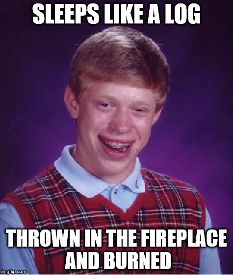 Bad Luck Brian Meme | SLEEPS LIKE A LOG; THROWN IN THE FIREPLACE AND BURNED | image tagged in memes,bad luck brian | made w/ Imgflip meme maker