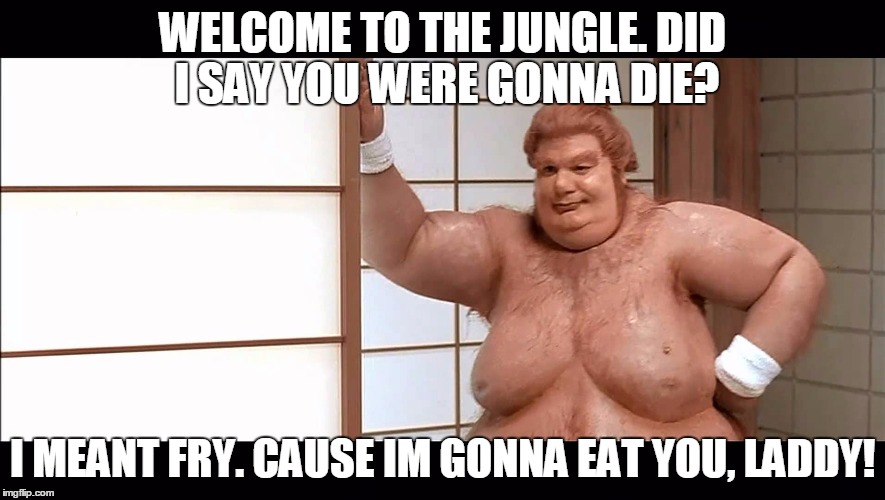 Axl is ready | WELCOME TO THE JUNGLE. DID I SAY YOU WERE GONNA DIE? I MEANT FRY. CAUSE IM GONNA EAT YOU, LADDY! | image tagged in axl is ready | made w/ Imgflip meme maker