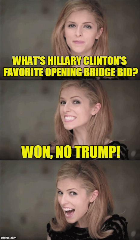 WHAT'S HILLARY CLINTON'S FAVORITE OPENING BRIDGE BID? WON, NO TRUMP! | made w/ Imgflip meme maker