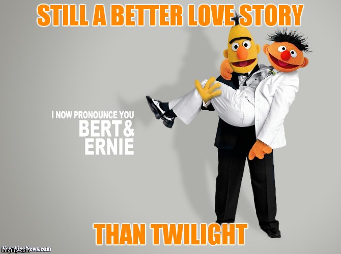 Sunny day.. Chasin' the clouds away.. | STILL A BETTER LOVE STORY; THAN TWILIGHT | image tagged in bert and ernie,still a better love story | made w/ Imgflip meme maker