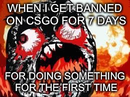 rage quit | WHEN I GET BANNED ON CSGO FOR 7 DAYS; FOR,DOING SOMETHING FOR THE FIRST TIME | image tagged in rage quit | made w/ Imgflip meme maker