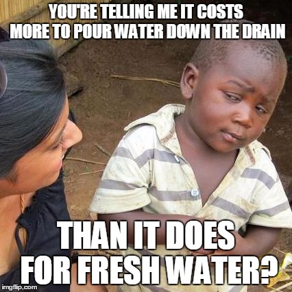 Third World Skeptical Kid | YOU'RE TELLING ME IT COSTS MORE TO POUR WATER DOWN THE DRAIN; THAN IT DOES FOR FRESH WATER? | image tagged in memes,third world skeptical kid | made w/ Imgflip meme maker